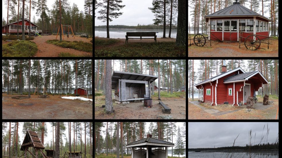 Eri kuvia samassa kollaasissa esitellen camping jurvan leirintäalueetta. Camping alueella järvi, erilaisia mökkejä, metsää ja laavuja