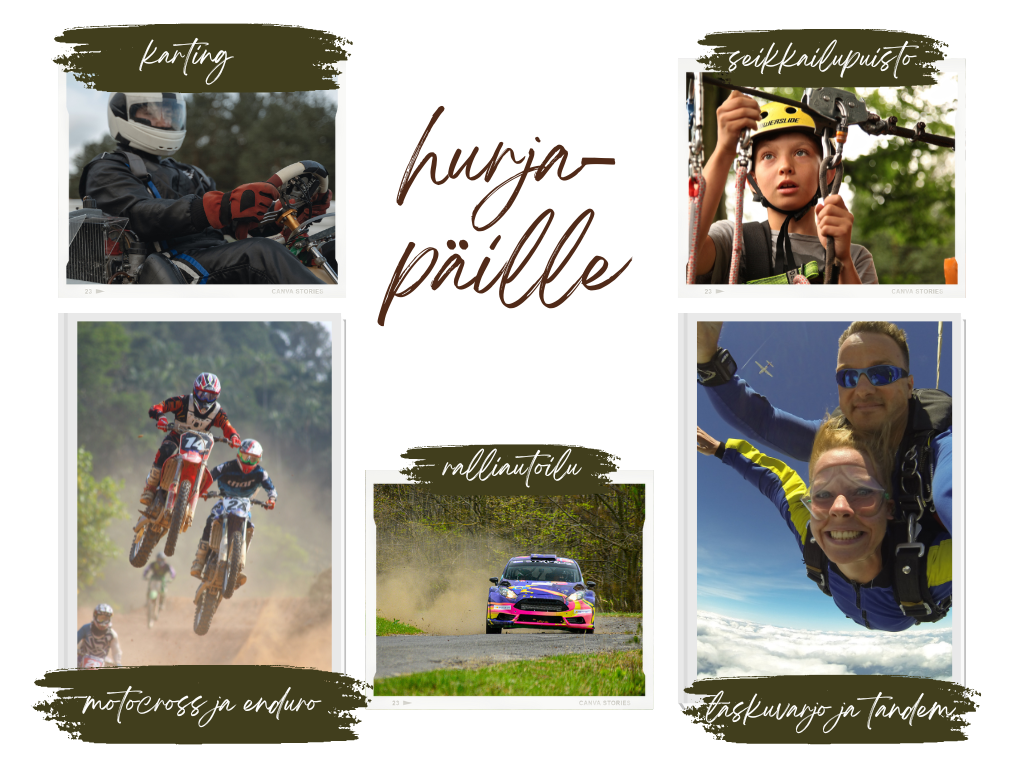 kuvia Alavuden eri aktiviteeista kuten: karting, seikkailupuisto, motocross ja enduro, ralliautoilu ja laskuvarjo sekä tandemhyppy.