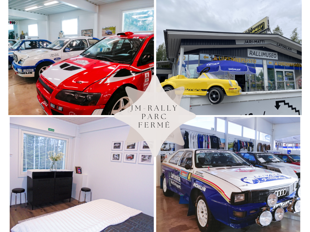 Useita kuvia JM-Rally Parc Fermestä. Museoautoja, julkisivu sekä hotellihuoneet.