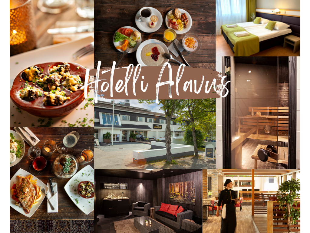 Useita kuvia Hotelli Alavudelta: ruokaa, huoneita ja tunnelmaa.
