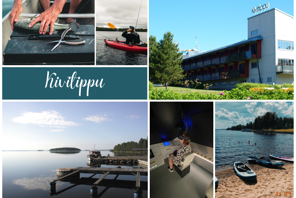 kalastusta, melontaa, Hotelli Kivitipun rakennus, järvimaisema ja risteilyvene, virtuaalimatka VR-laseilla, uimaranta