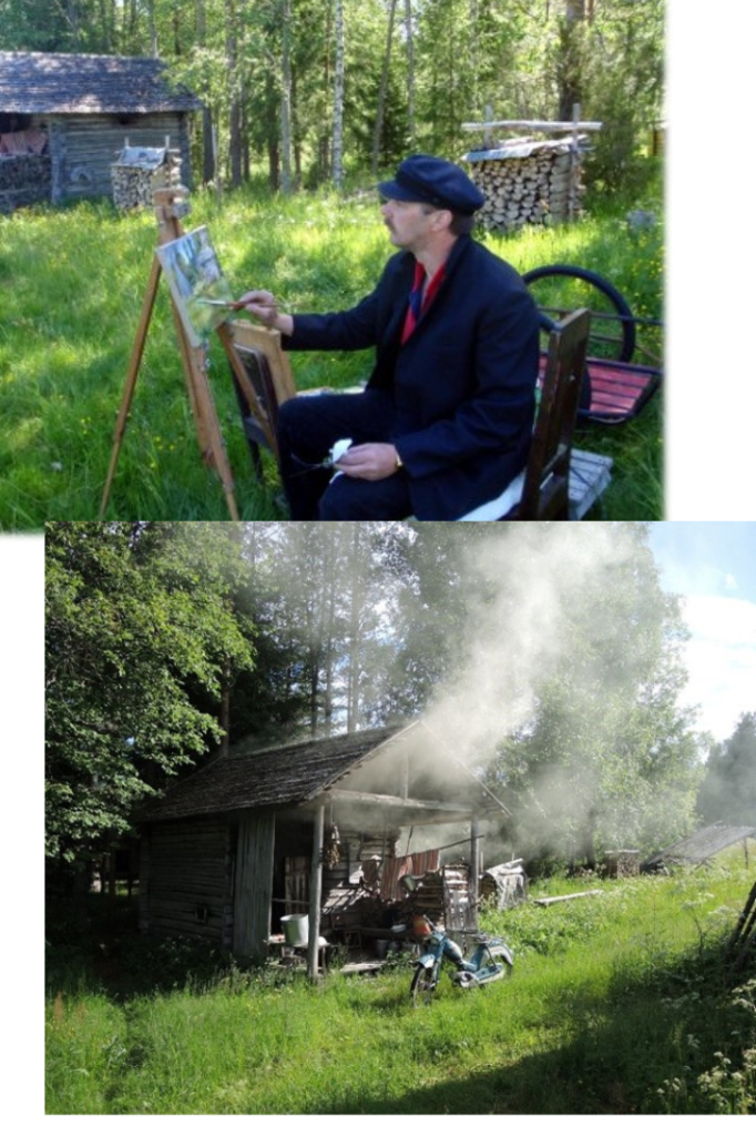 Kaksi kuvaa: Ylhäällä Taitelija Reijo Kivijärvi maalaa maisemaa. Alhaalla ateljeen miljöötä, jossa vanha harmaantunut mökki ja vanha tunturi mopo