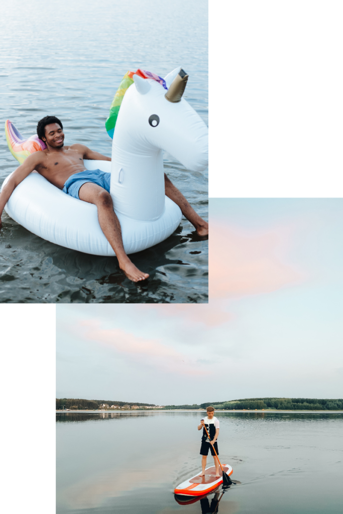Kaksi kuvaa: Mies kellumassa jättimäisen puhellettavan yksisarvisen kyydissä sekä sup-lautailija tyynellä järvellä