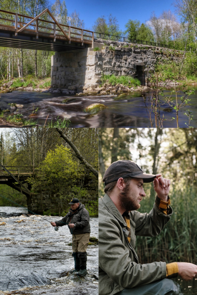 Kolme kuvaa: kuva sarvikkaankosken vanhasta sillasta sekä kalastajista sarvikkaankosken maastossa.