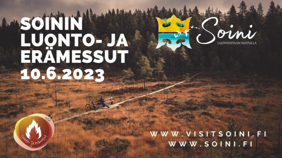 Kuva, jossa Soinin kunnan vaakuna suomaiseman päällä ja teksti: Soinin Luonto- ja erämessut 10.6.-2023.